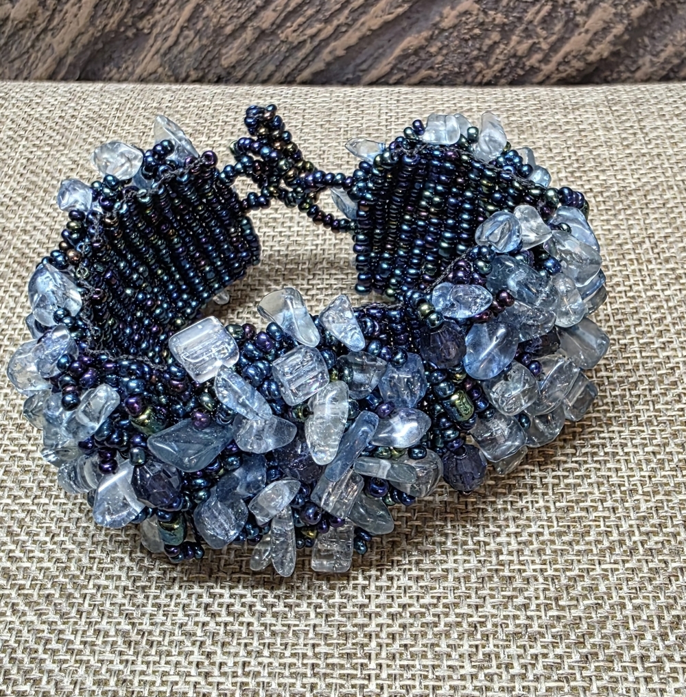 Iridescent Blue Seed Bead & Clear Stone Bracelet | Wide Statement Bracelet